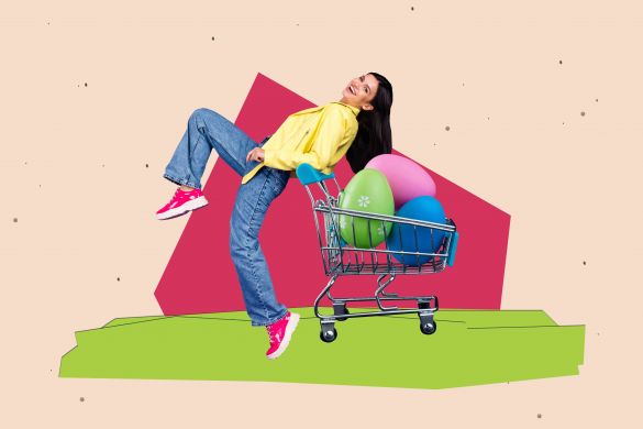 women pushing shopping cart with bright coloured esaster eggs