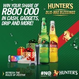 Win your share if R800 000 text on Hunters branded background