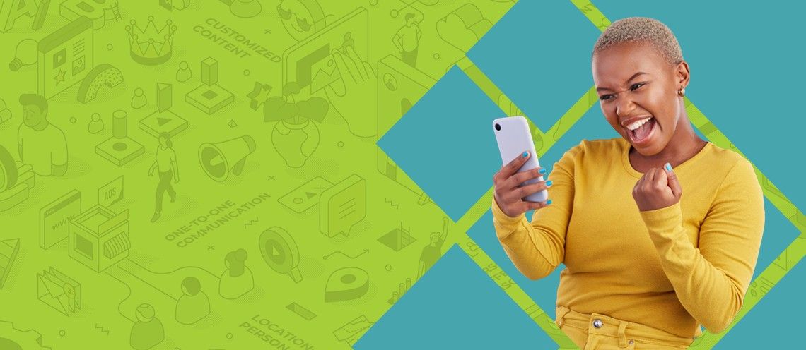Happy woman looking at smart phone