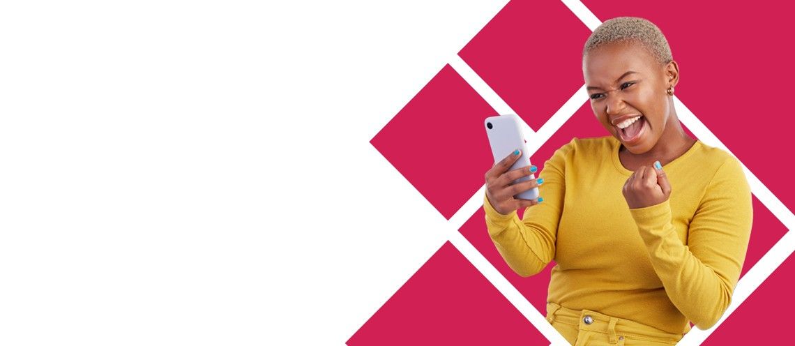 Happy woman looking at smart phone